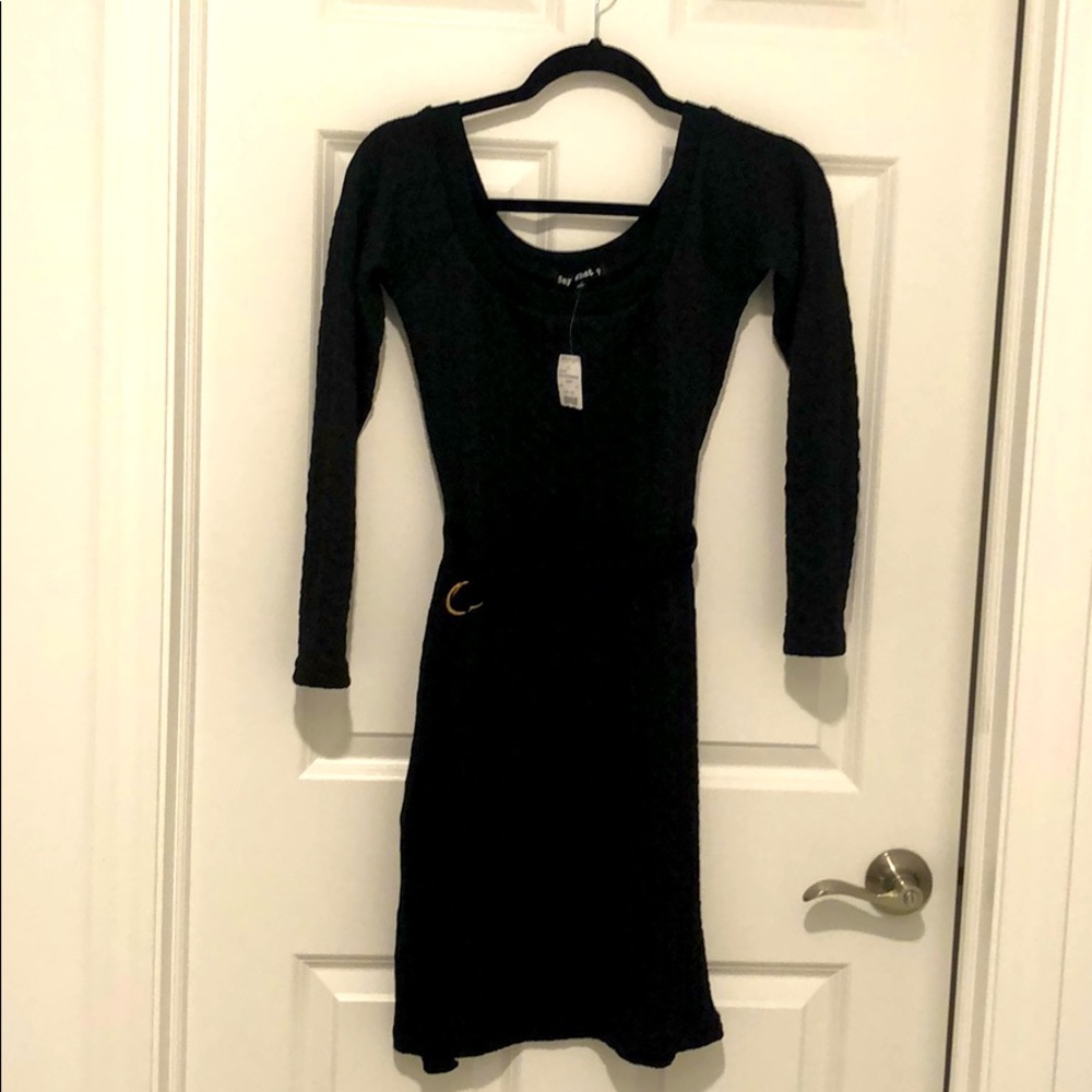 Black sweater dress with belt